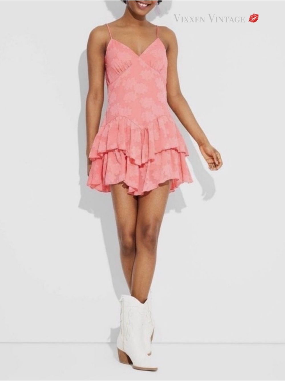WILD FABLE FLORAL V-NECK DROP WAIST TIERED RUFFLE MINI DRESS IN PINK